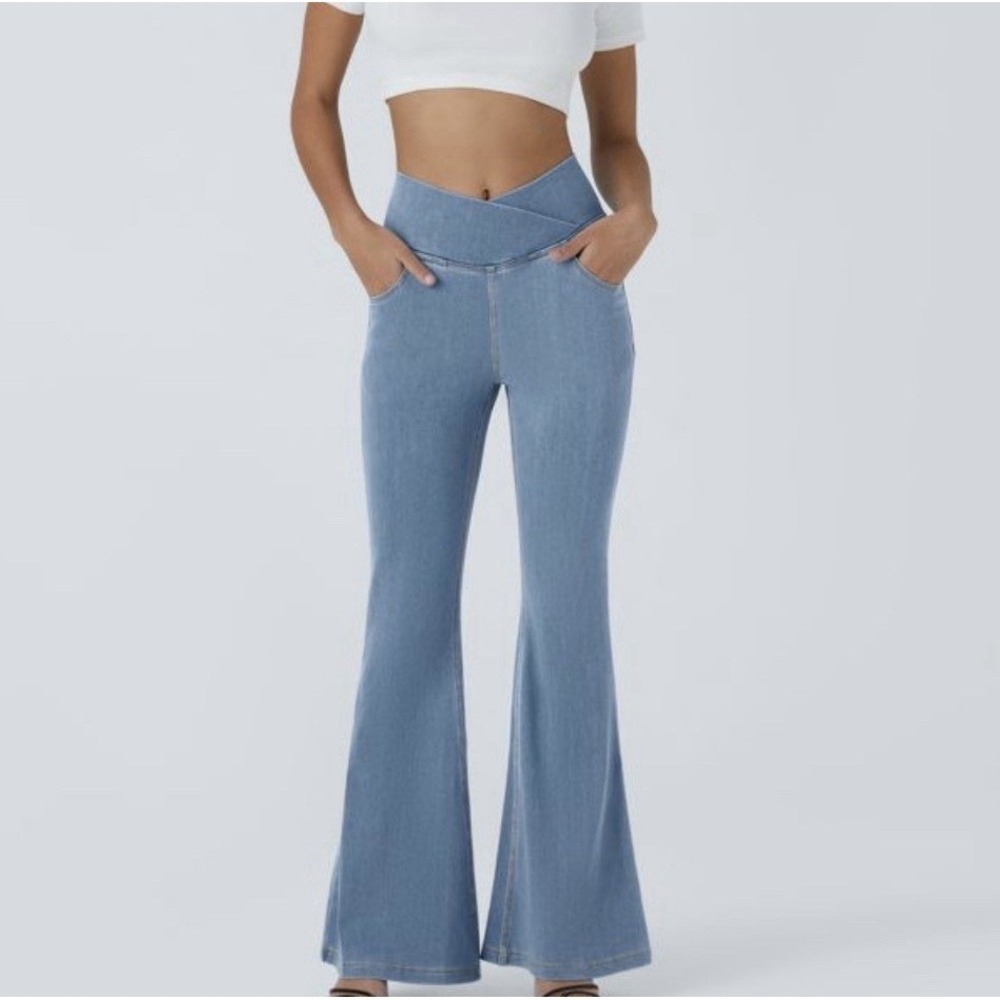 Halara Flex Crossover V-Waist Flare Jeans Light Wash High Rise Bell Bottom Large